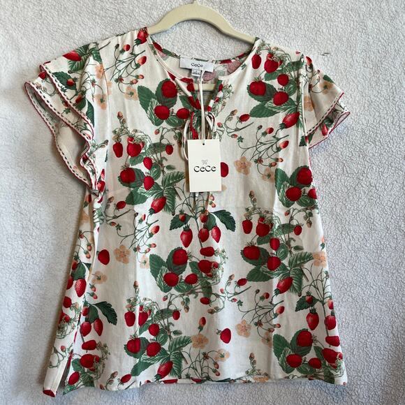 NEW Cece Woven Top Boho Blouse Shirt Linen Blend Red Green Strawberry print sz M - Picture 1 of 8
